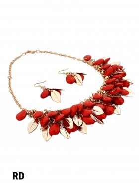 TWO TONE BEAD AND LEAF DESIGN NECKLACE WITH EARRING SET